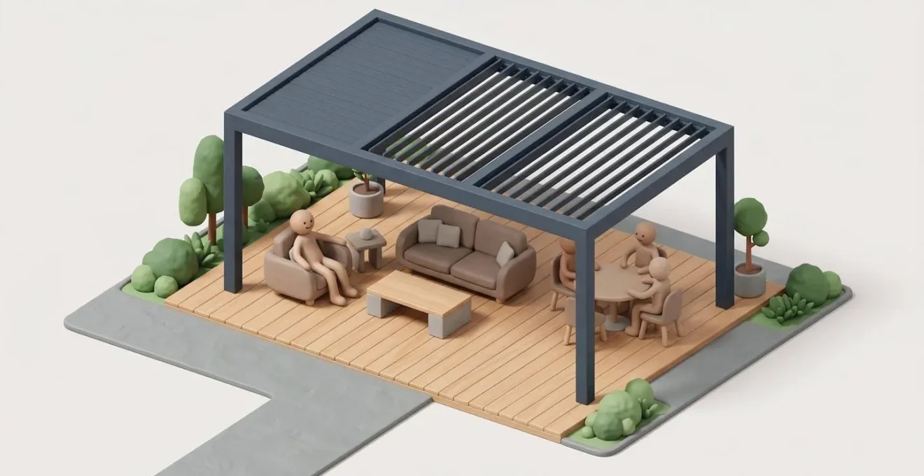 Illustration isométrique d'une pergola bioclimatique avec lames orientables en aluminium anthracite, intégrée à une terrasse contemporaine en bois