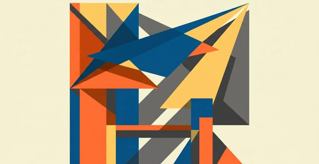 Composition géométrique abstraite style Bauhaus représentant un store-banne déployé avec formes triangulaires et rectangulaires colorées sur fond crème