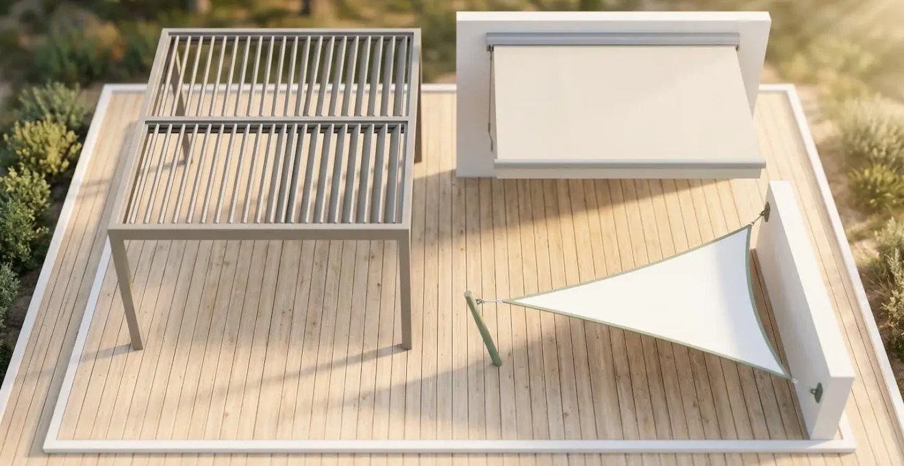 Vue en plongée de trois structures d'ombrage — pergola aluminium, store-banne rétractable et voile triangulaire — disposées sur une terrasse en bois clair sous une lumière matinale dorée