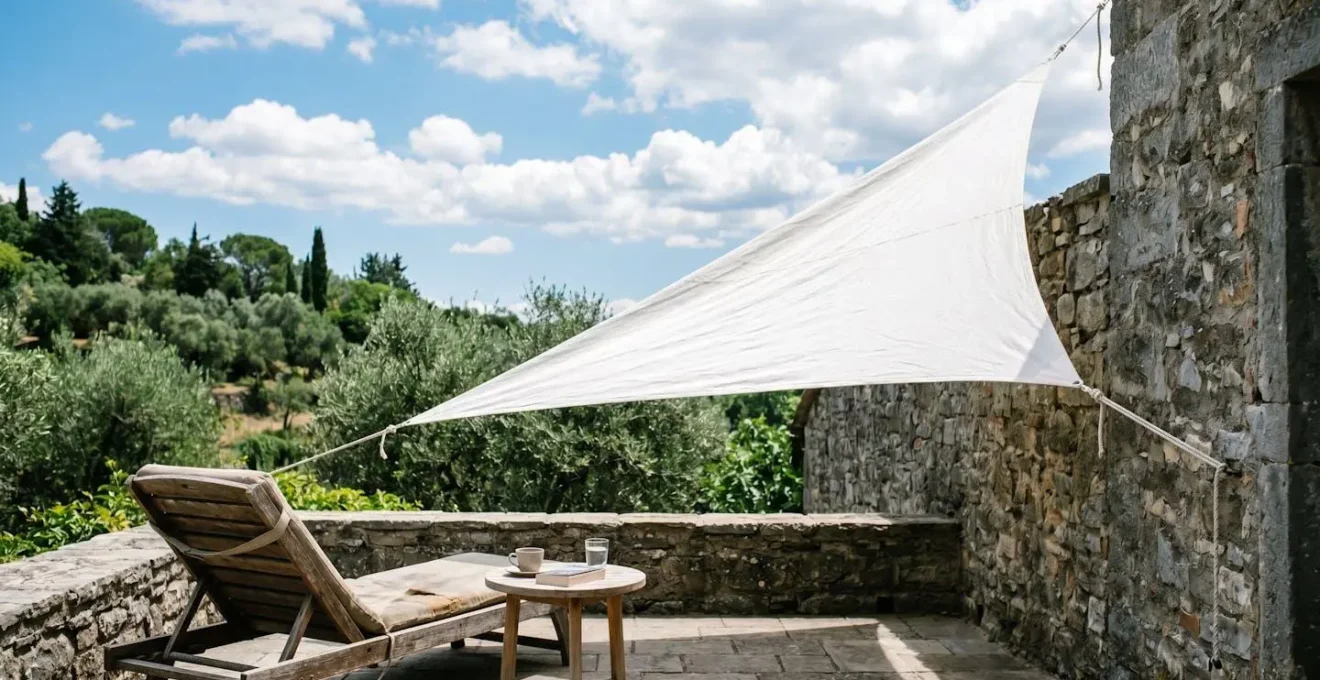 Photographie documentaire d'un voile d'ombrage triangulaire en tissu blanc tendu entre deux murs en pierre grise, avec vue sur un ciel bleu et des arbres verts en arrière-plan