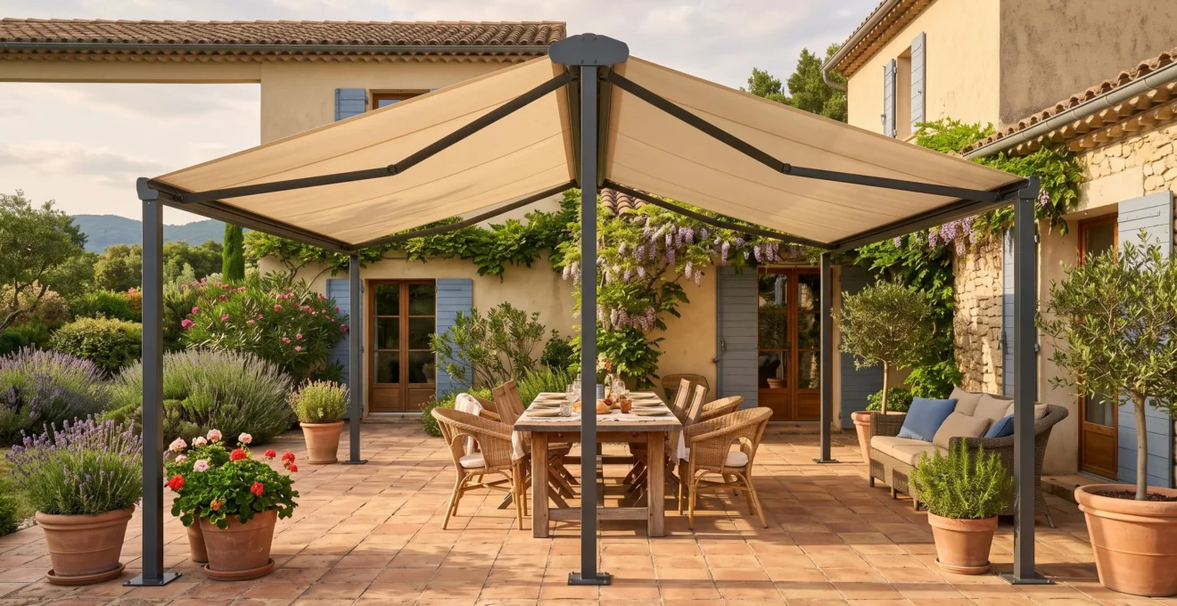 Un store double pente autoportant installé au sol couvre une grande terrasse avec table de repas, sans fixation murale.