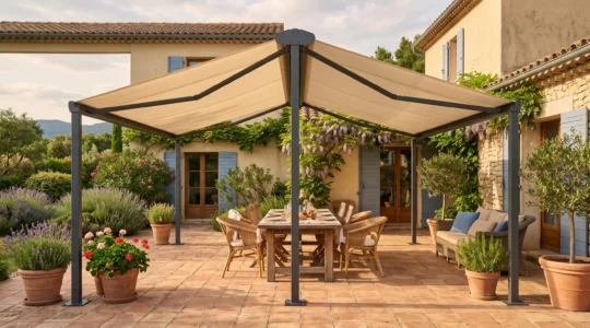 Un store double pente autoportant installé au sol couvre une grande terrasse avec table de repas, sans fixation murale.